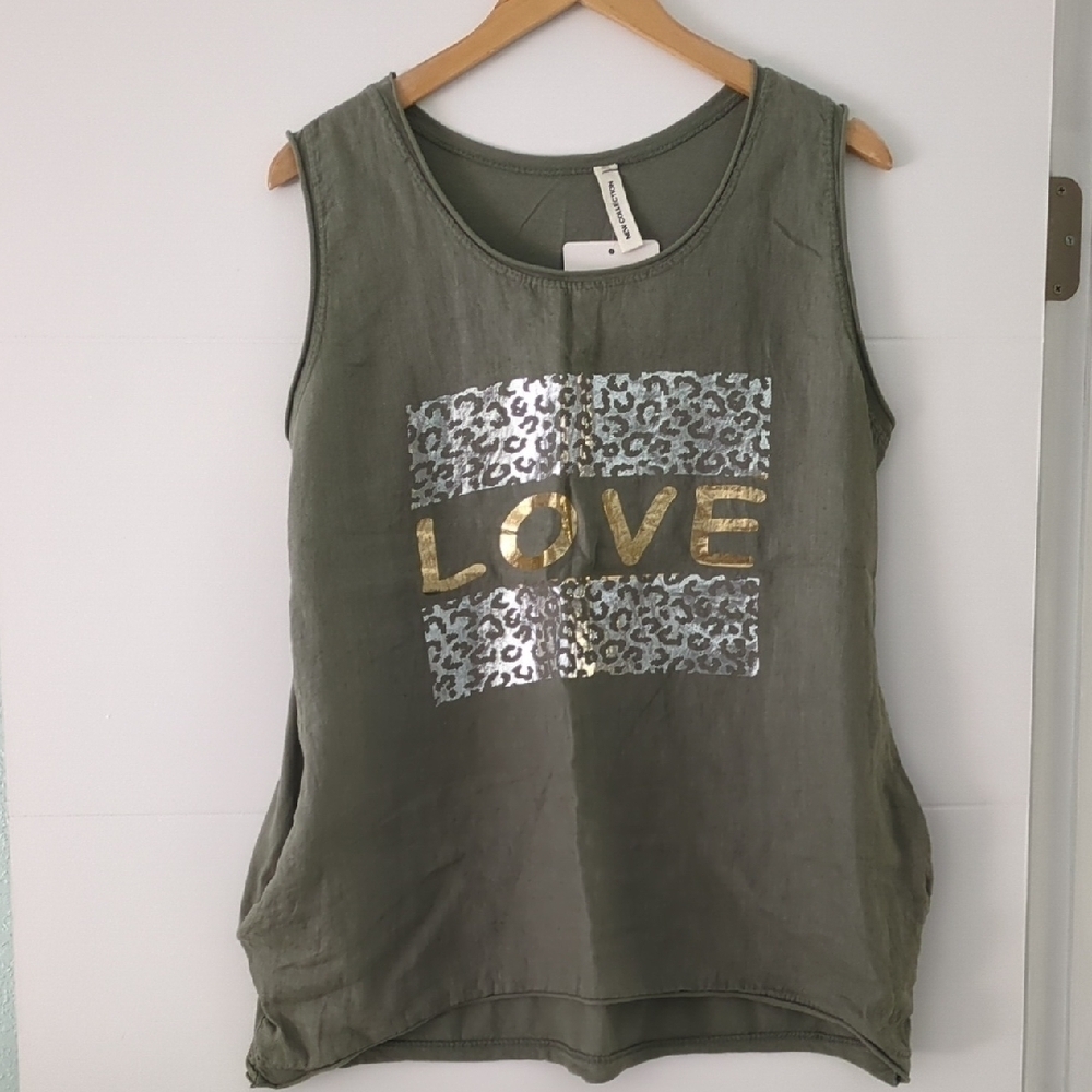 Made In italy Linen Olive Green Beach Sleeveless Top Gold and Silver Accents